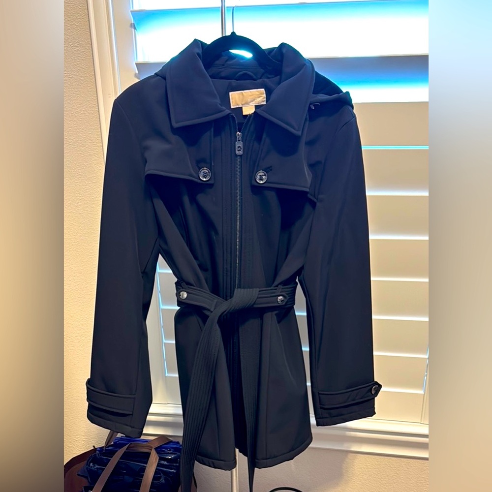 Michael Kors black belted trench coat with removable hood XL EUC
